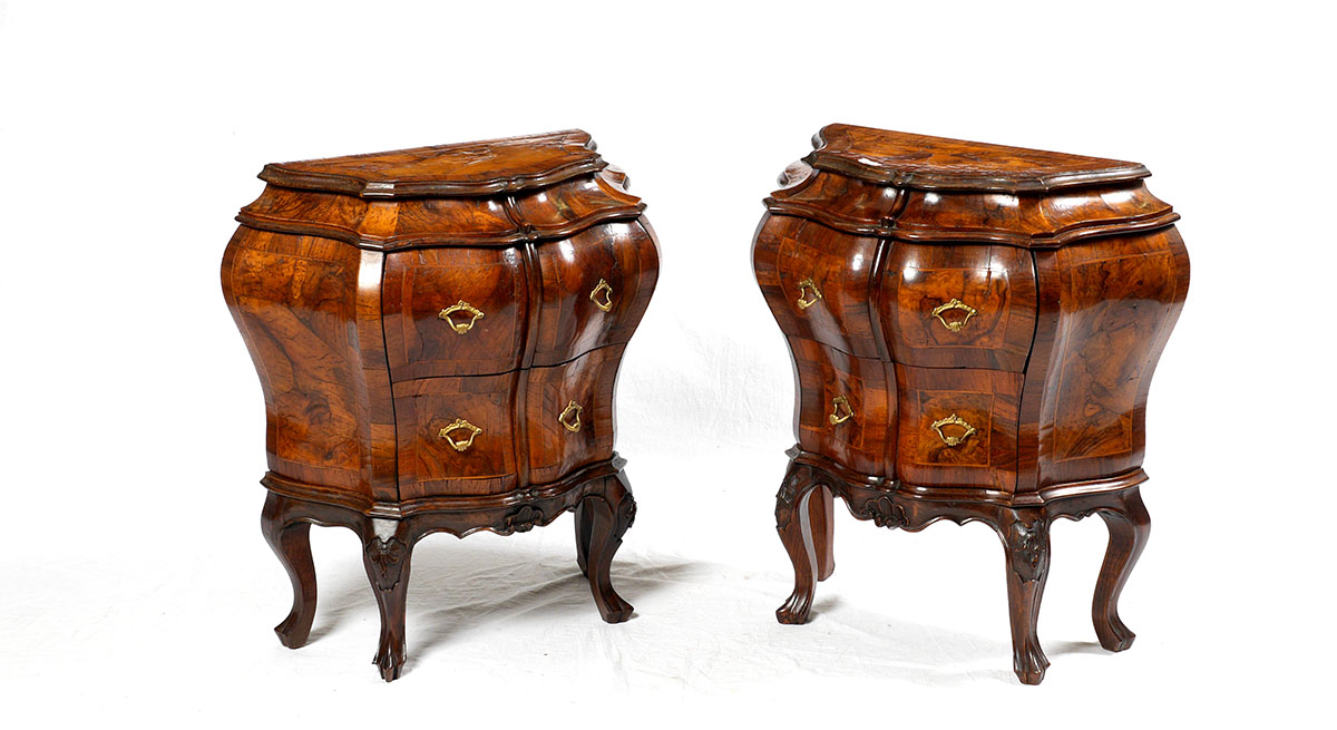 Appraisal: PAIR BOMBE NIGHT STANDS END TABLES Shaped top and bombe