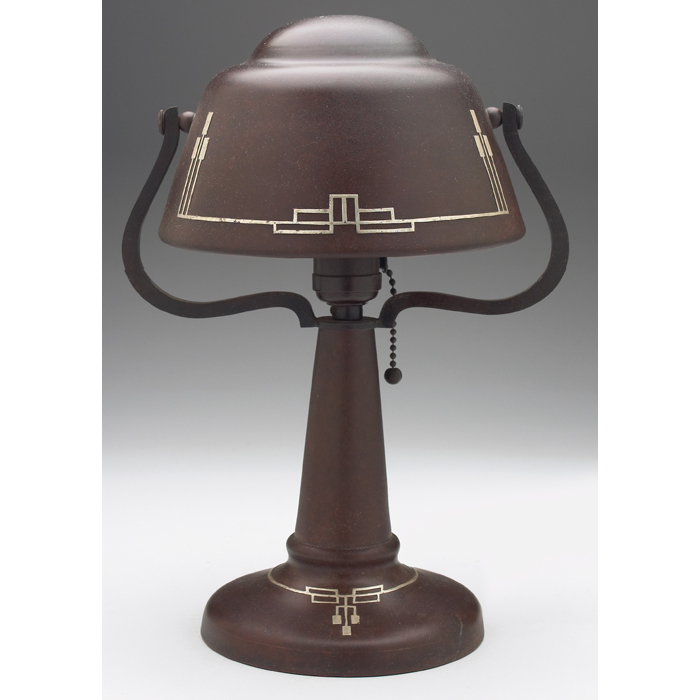 Appraisal: Heintz lamp sterling on bronze applied geometric designs original patina