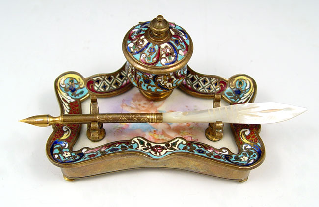 Appraisal: FRENCH ENAMEL AND PORCELAIN INK STAND WITH PEN Hinged top