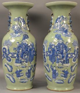 Appraisal: Pair of large Chinese celadon and blue palace vases having