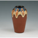 Appraisal: Peacock feather eye design terra cotta vase Unmarked Chips tall