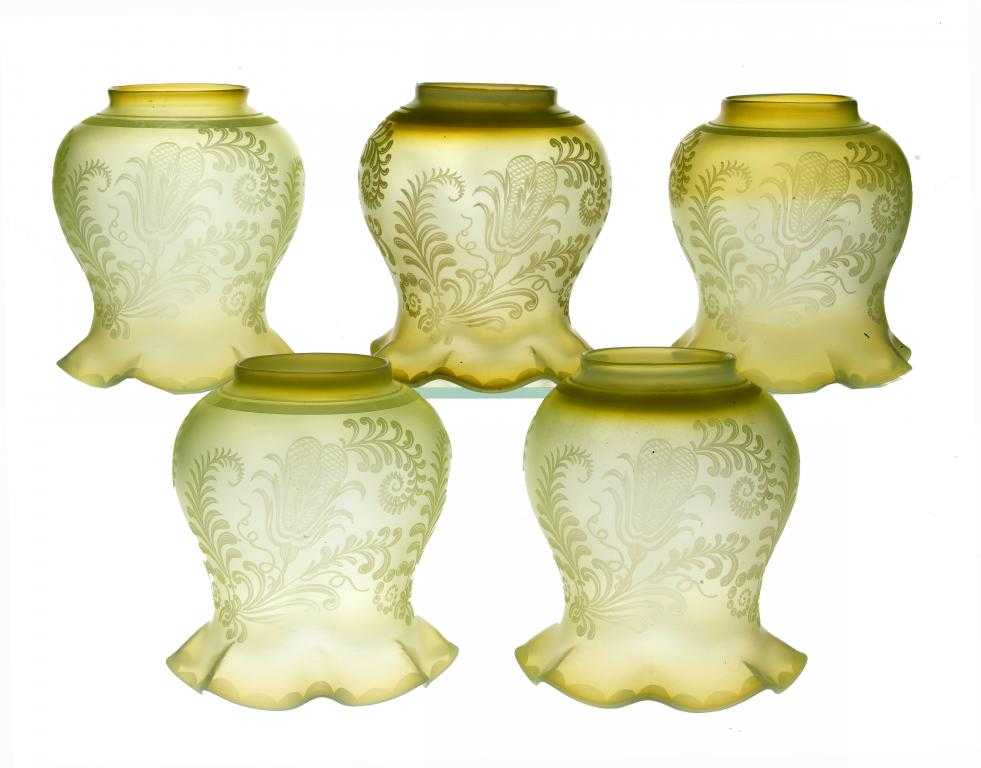 Appraisal: A SET OF FIVE STRAW OPALESCENT GLASS LAMPSHADES of baluster