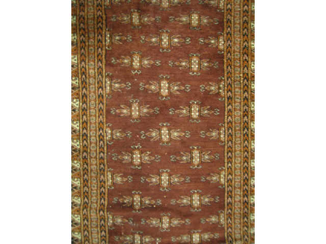 Appraisal: Bokara Turkish Handmade Runner geometrics primarily browns worn ' x