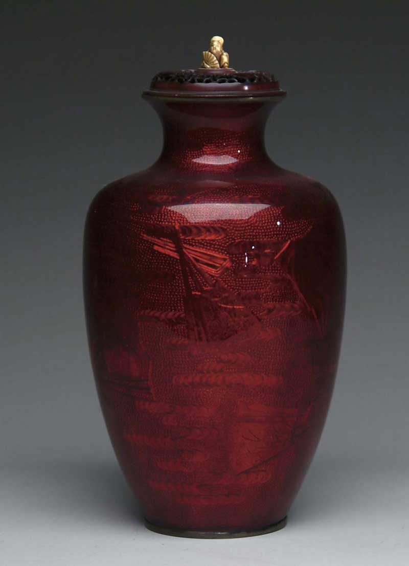 Appraisal: FINE FOIL CLOISONN RED JAR Tapered large vase has deep