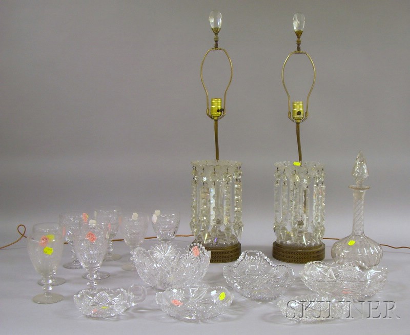 Appraisal: Seventeen Colorless Cut Glass Table Items a pair of lustres