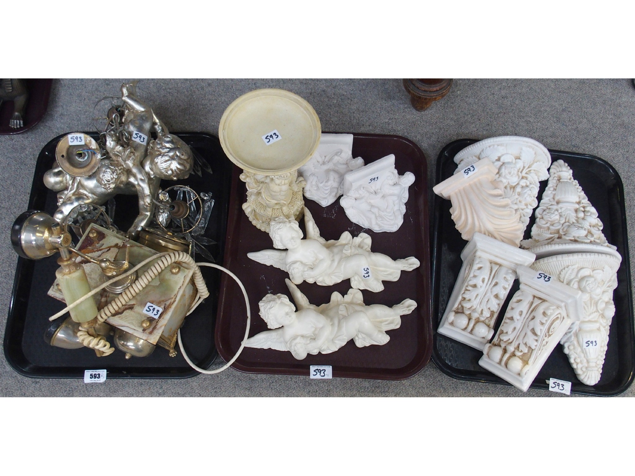 Appraisal: Silvered cherub lights onyx telephone and assorted plinths etc and