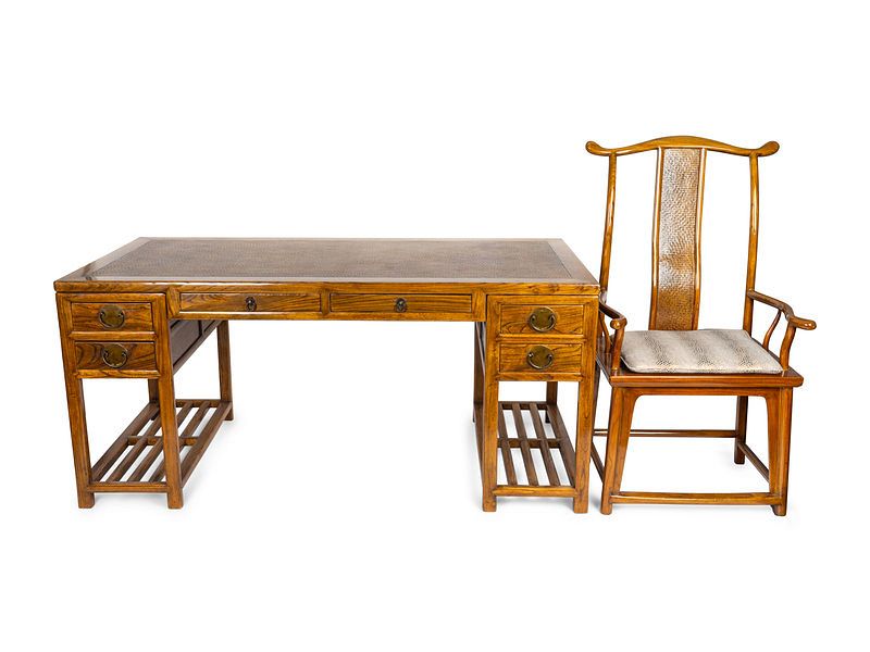 Appraisal: A Chinese Softwood Writing Desk and an Official's Hat Armchair