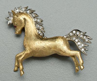 Appraisal: Gold and diamond horse brooch white gold mane and tail