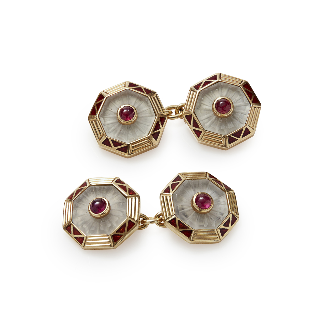 Appraisal: A pair of gentleman's ruby rock crystal and enamel set