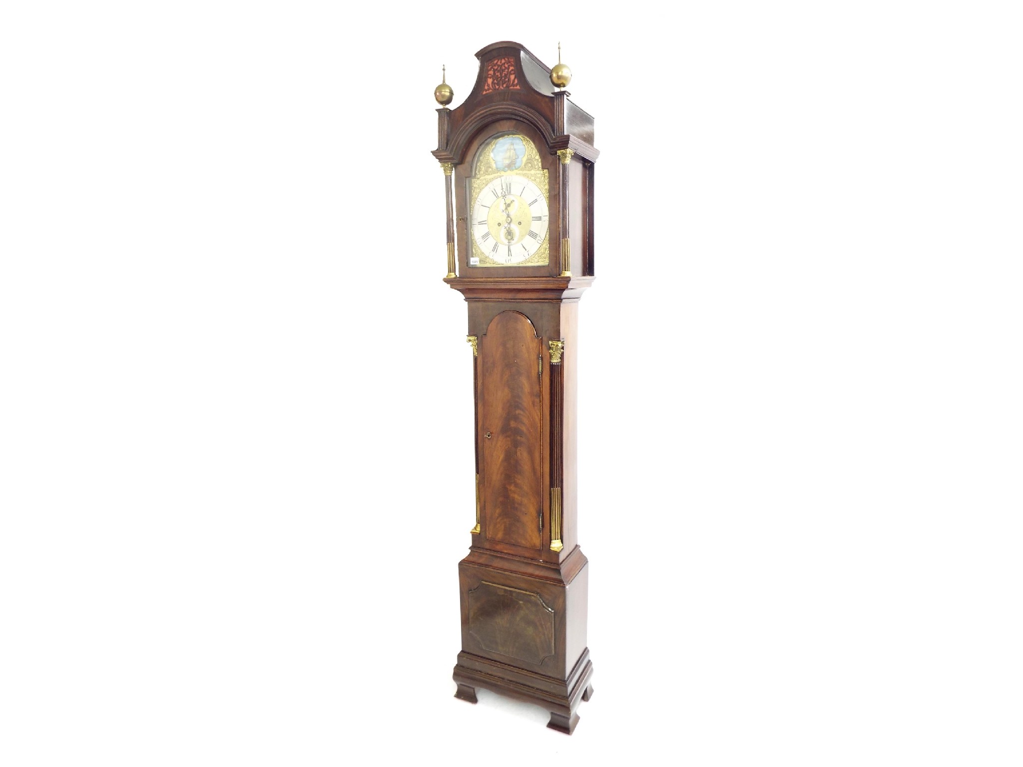 Appraisal: Flame mahogany eight day longcase clock the arched brass dial