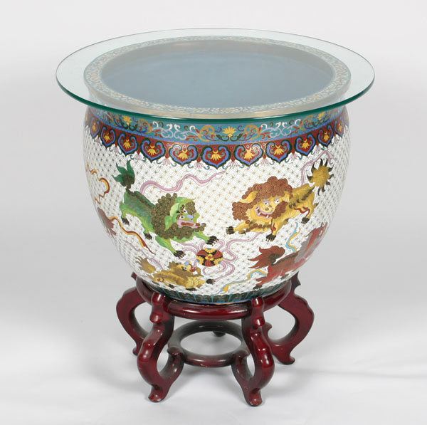 Appraisal: Large Asian cloisonne Foo Dog motif jardiniere with glass top