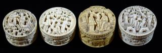 Appraisal: Four Highly Carved Ivory Whist Counter Boxes Circa Including one