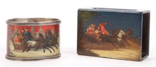 Appraisal: RUSSIAN LACQUERWARE ITEMS CIRCA A PAIR OF RUSSIAN LACQUERWARE ITEMS