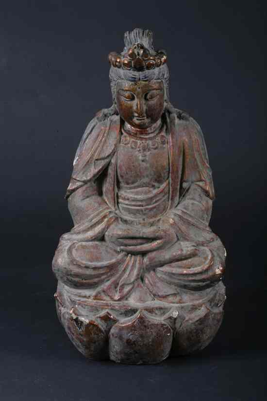 Appraisal: CHINESE GILT WOOD FIGURE OF GUANYIN Seated in dhyanasana on