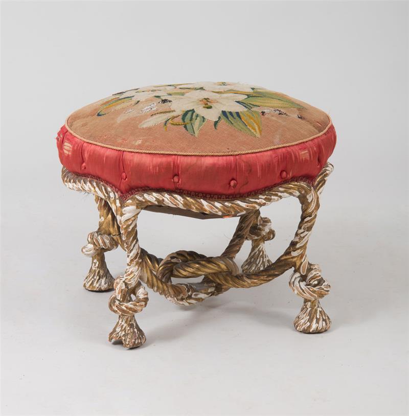 Appraisal: Napoleon III Giltwood Rope-Form Stool with Red Velvet Upholstery x