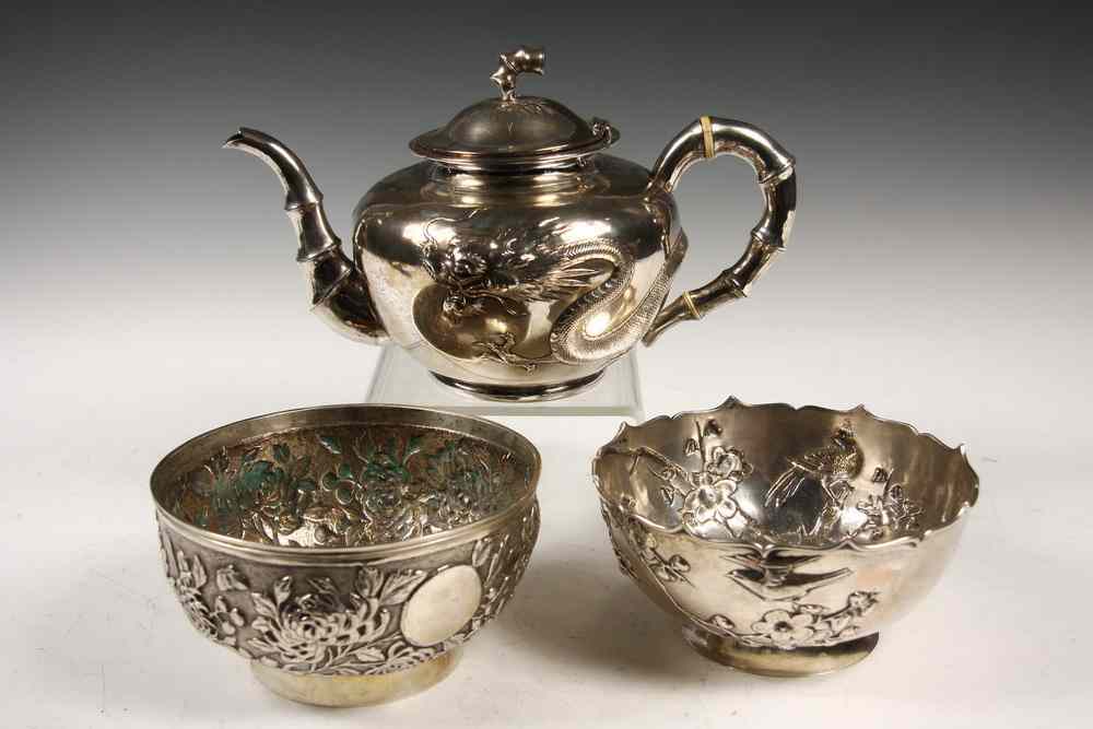 Appraisal: CHINESE SILVER TEAPOT BOWLS - Chinese Silver Teapot decorated with