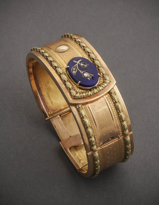 Appraisal: French -Karat Rose-Gold Yellow-Gold Diamond and Blue Enamel Bracelet Last