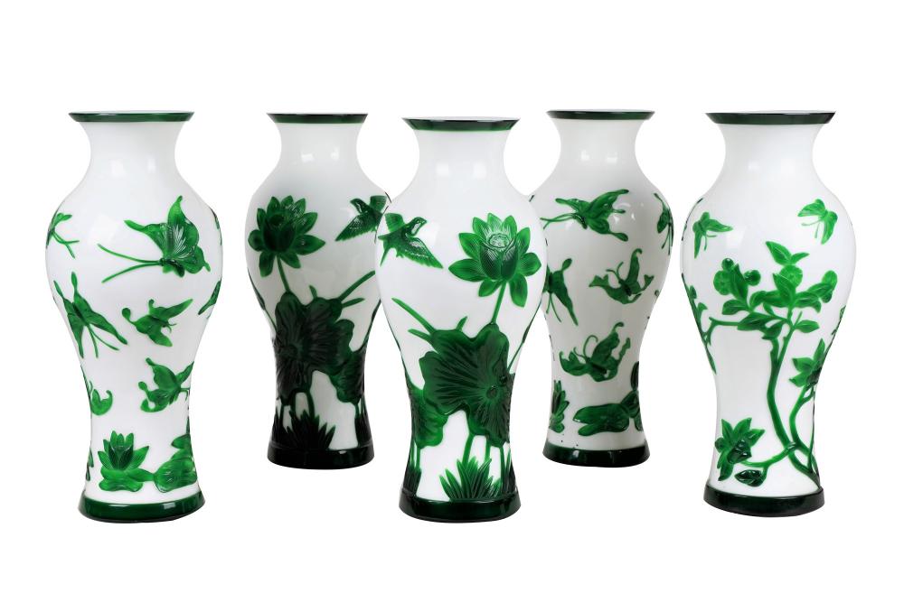 Appraisal: SET OF FIVE CHINESE GREEN WHITE PEKING GLASS VASESProvenance Estate