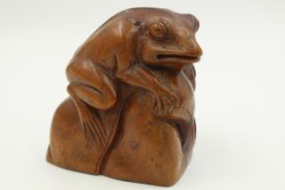 Appraisal: Antique Japanese Carved Frog on Mushroom Antique Japanese Carved Frog