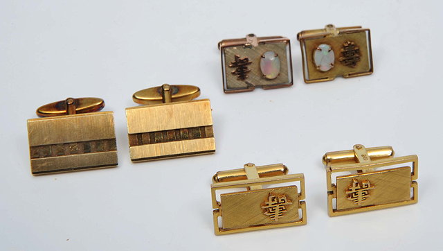 Appraisal: THREE PAIRS OF YELLOW METAL CUFFLINKS one pair stamped another