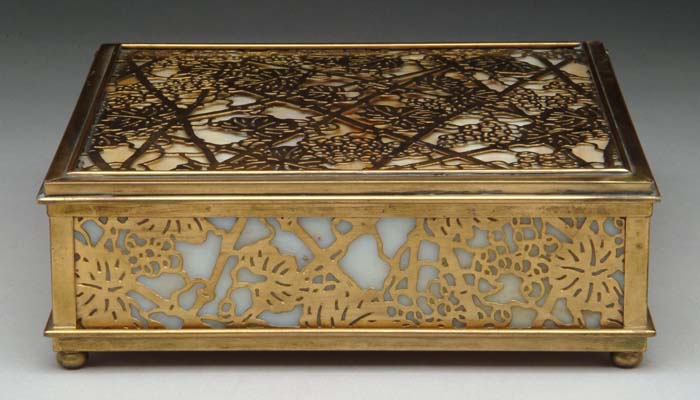 Appraisal: TIFFANY STUDIOS HANDKERCHIEF BOX Etched metal grapevine pattern in gold