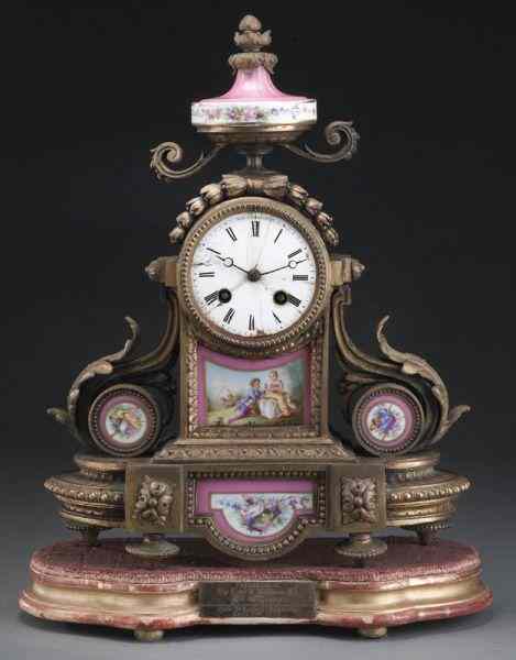 Appraisal: French Sevres style bronze and porcelain clock the central enamel