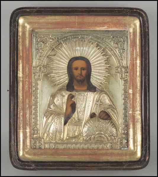 Appraisal: TH CENTURY RUSSIAN ICON IN METAL OKLAD Mounted in a