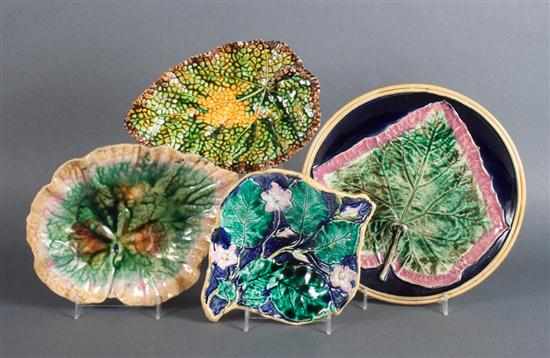 Appraisal: Majolica leaf-form dish two similar leaf-form dishes and plate with