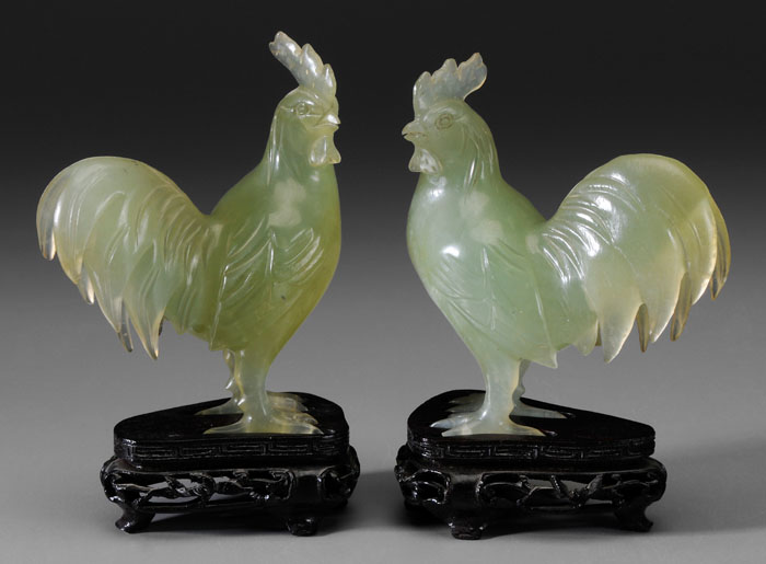 Appraisal: Pair Hardstone Roosters Chinese th century translucent green stone with