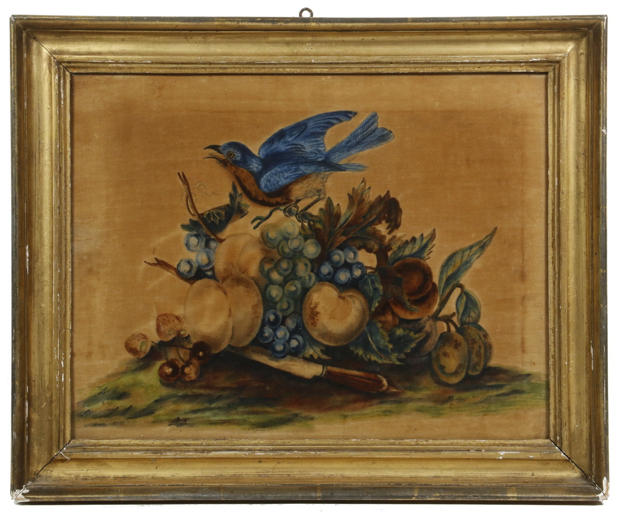 Appraisal: TH C FRAMED THEOREM Bluebird on Fruit watercolor on silk