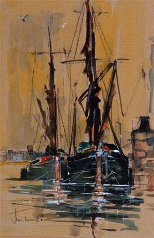 Appraisal: JIM WOODS - Sailing vessels moored at a quay signed