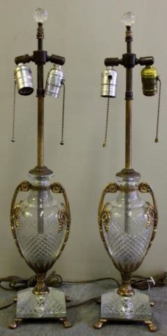 Appraisal: Pair of Cut Crystal and Bronze Mounted Urns Mounted as