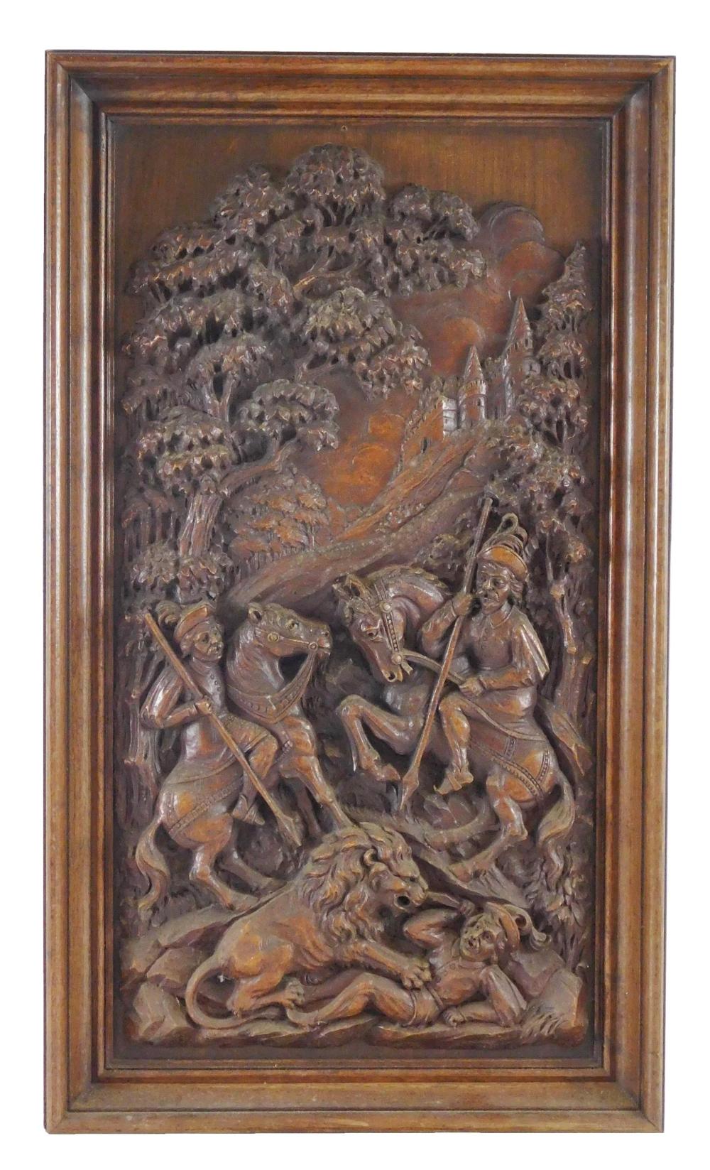 Appraisal: Continental wood panel th C carved scene applied to backing