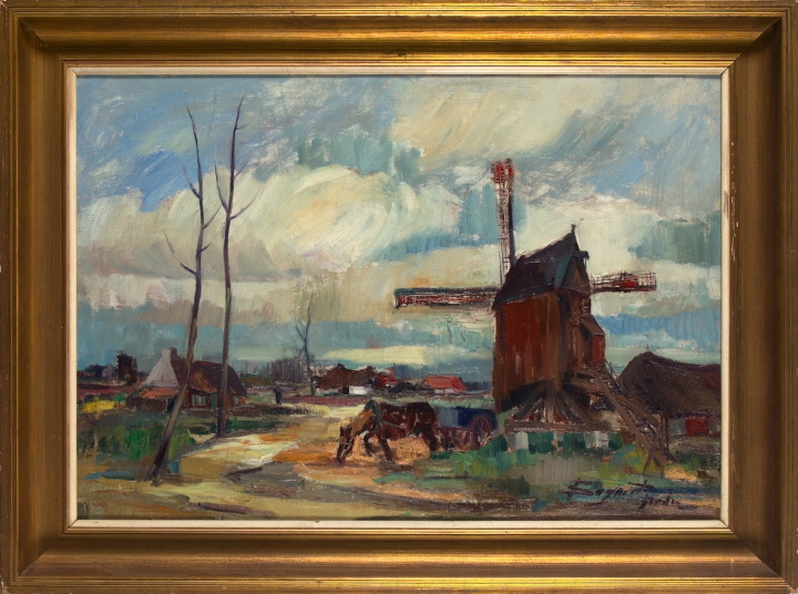 Appraisal: Dutch School Mid- th Century Landscape with Windmill and Horse-Drawn