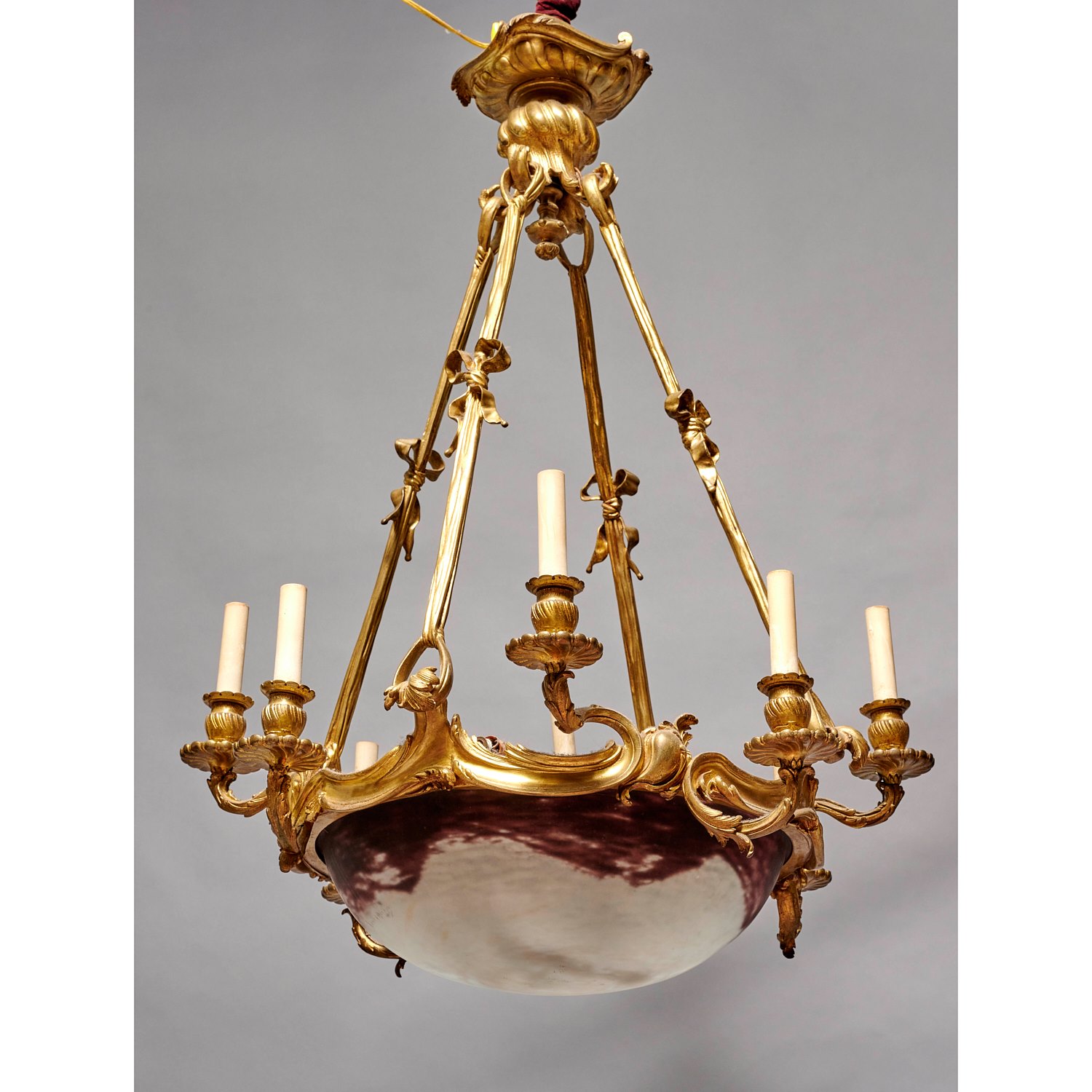 Appraisal: DAUM BELLE EPOQUE GLASS AND BRONZE CHANDELIER c France domed