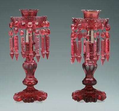 Appraisal: Large pair cranberry glass lusters each with single candle socket