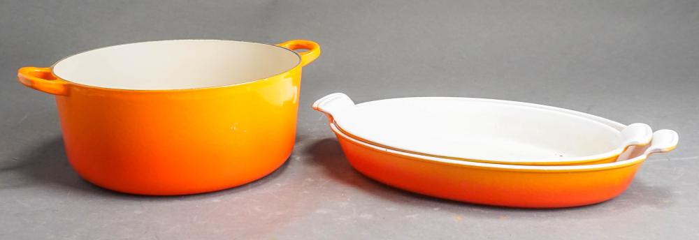 Appraisal: LE CREUSET ENAMEL POT AND TWO CASSEROLE DISHESLe Creuset Enamel