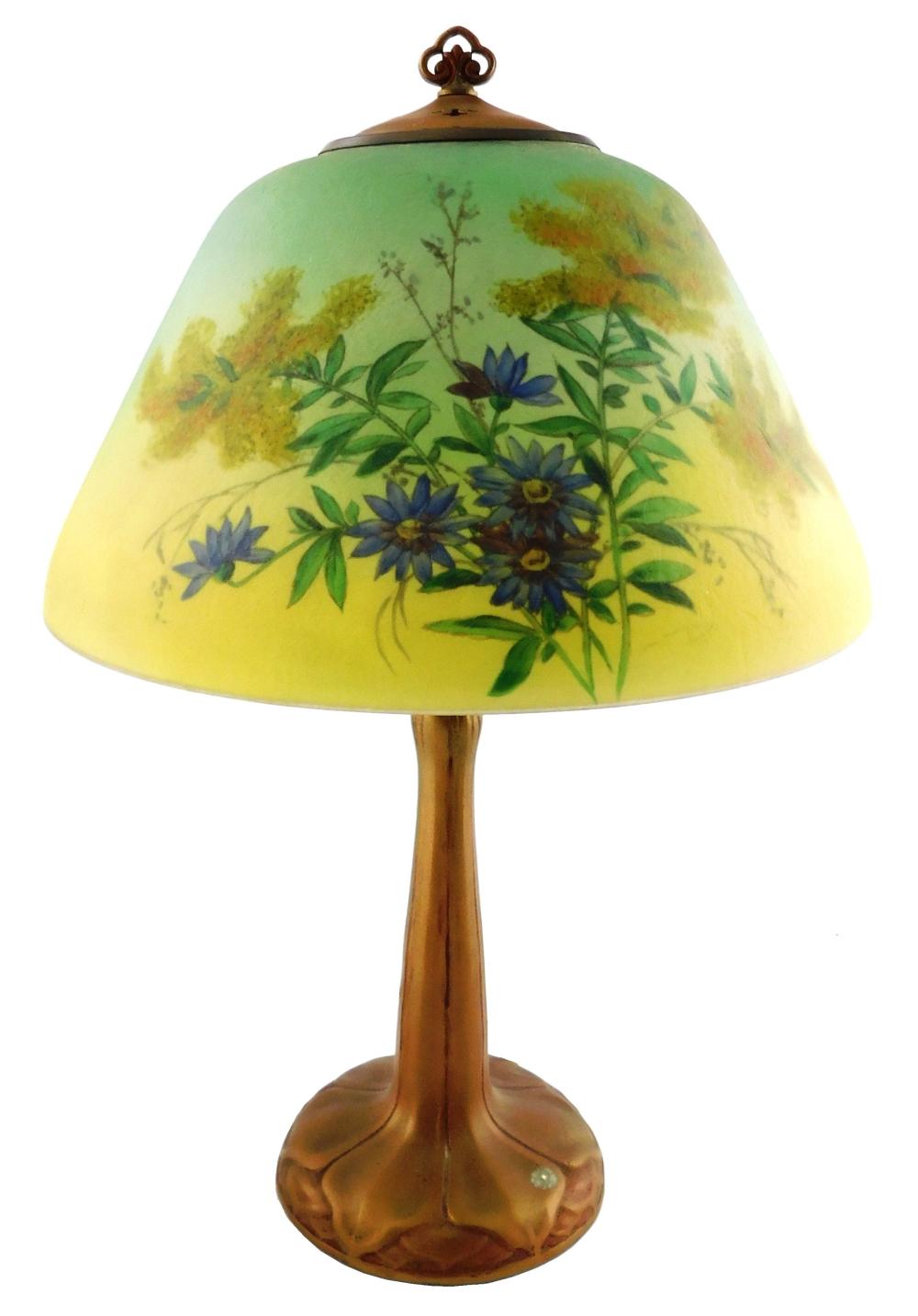 Appraisal: Handel lamp reverse painted conical glass shade with blue wild