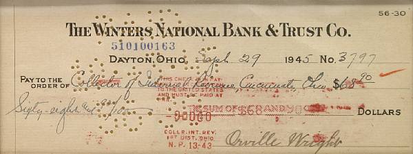 Appraisal: WRIGHT ORVILLE Check Signed Orville Wright p by inches Dayton