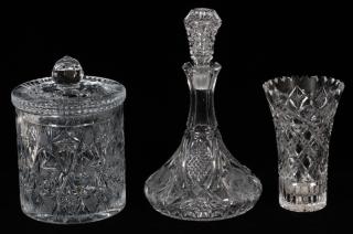 Appraisal: CUT GLASS BISCUIT JAR VASE AND DECANTER PIECES CUT GLASS