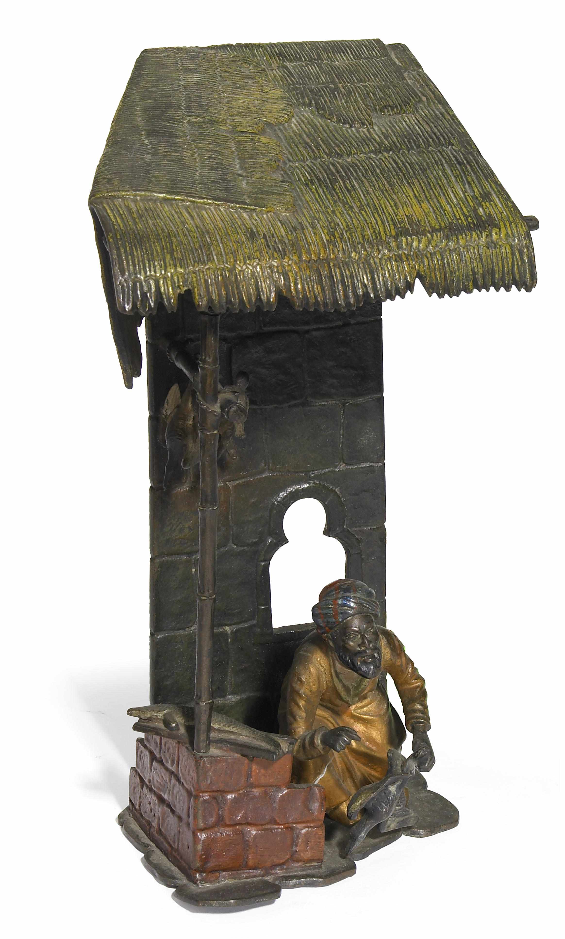 Appraisal: An Austrian cold-painted bronze figural lamp Meat Vendor circa circa