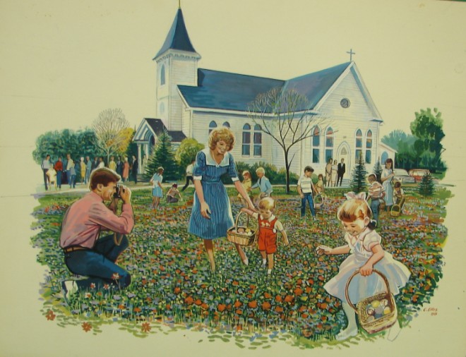 Appraisal: American - CHURCH EASTER EGG HUNT Watercolor Signed C Ellis