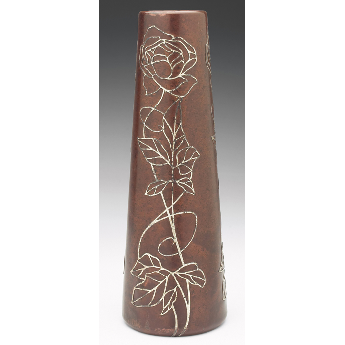 Appraisal: Heintz vase attribution in bronze appliedsilver overlay rose design original