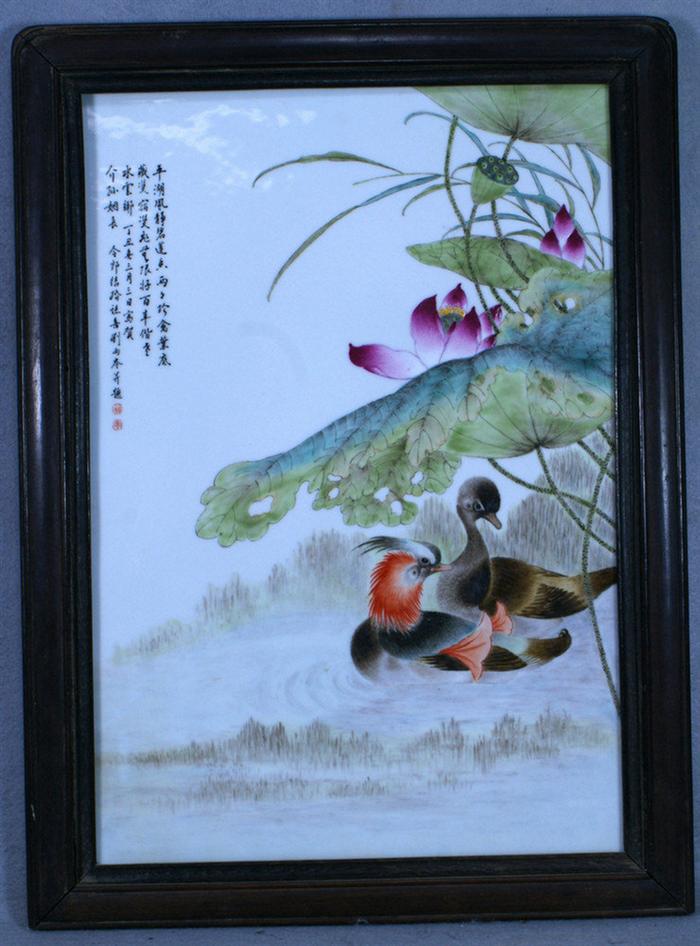 Appraisal: Chinese porcelain plaque with painted duck and lotus decoration calligraphic