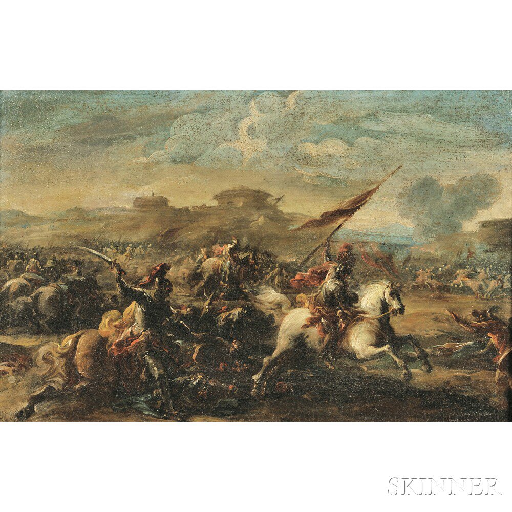 Appraisal: Continental School th Century Style Battle Scene with Charging Cavalry