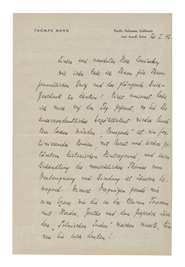 Appraisal: MANN THOMAS Autograph Letter Signed to American Jewish novelist Ludwig