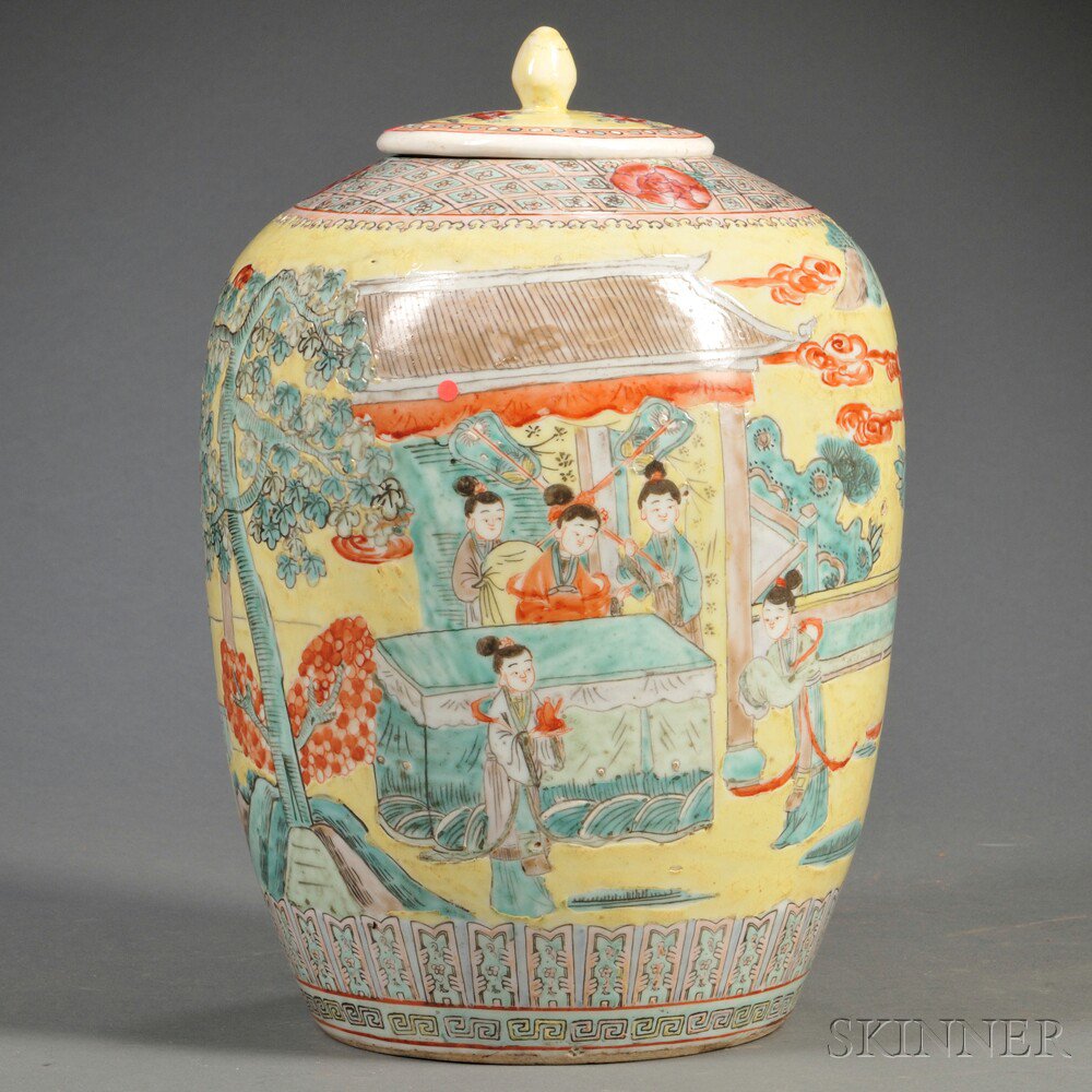 Appraisal: Enameled Jar with Cover China th th century ovoid depicting