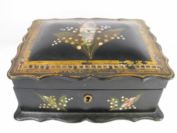 Appraisal: Antique gilt hand painted paper mache box with mother of