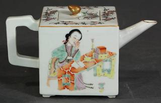 Appraisal: Chinese Enamel Square Porcelain Tea Pot Chinese enamel square porcelain