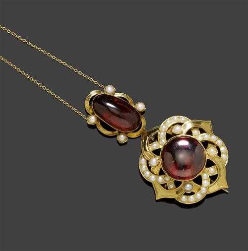 Appraisal: GARNET PEARL AND GOLD NECKLACE ca Yellow gold Charming necklace